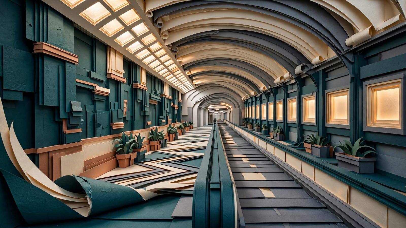 An empty moving walkway inside a terminal corridor, illuminated panels lining both walls