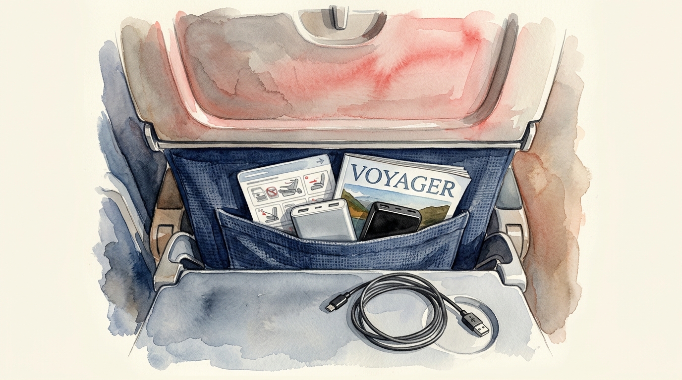 Aquarell-Illustration einer Sitztasche im Flugzeug von oben, in der zwei kleine Powerbanks neben einer Sicherheitskarte und einer Broschüre liegen