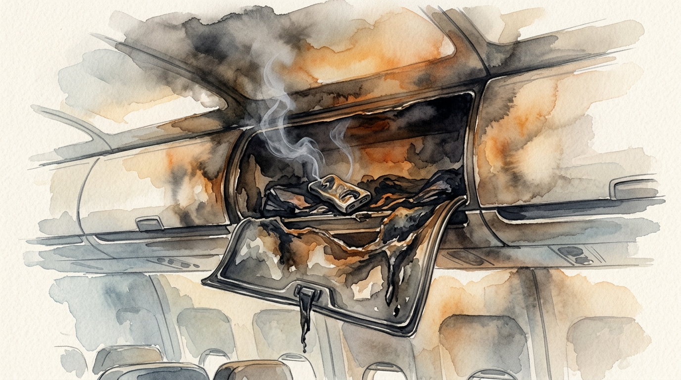 Aquarell-Illustration eines verbrannten und geschwärzten Überkopffachs in einer Flugzeugkabine, dessen Klappe offen hängt und sich durch die Hitze verformt hat