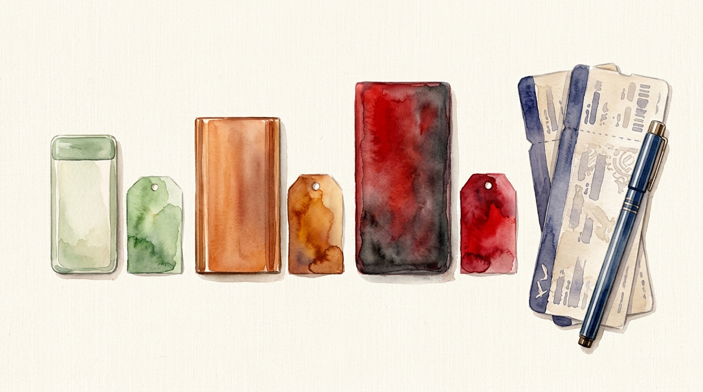 Aquarell-Illustration einer Draufsicht mit drei Powerbanks, die in einer Reihe auf einer cremefarbenen Leinenfläche liegen und jeweils mit einem Größenhinweis versehen sind
