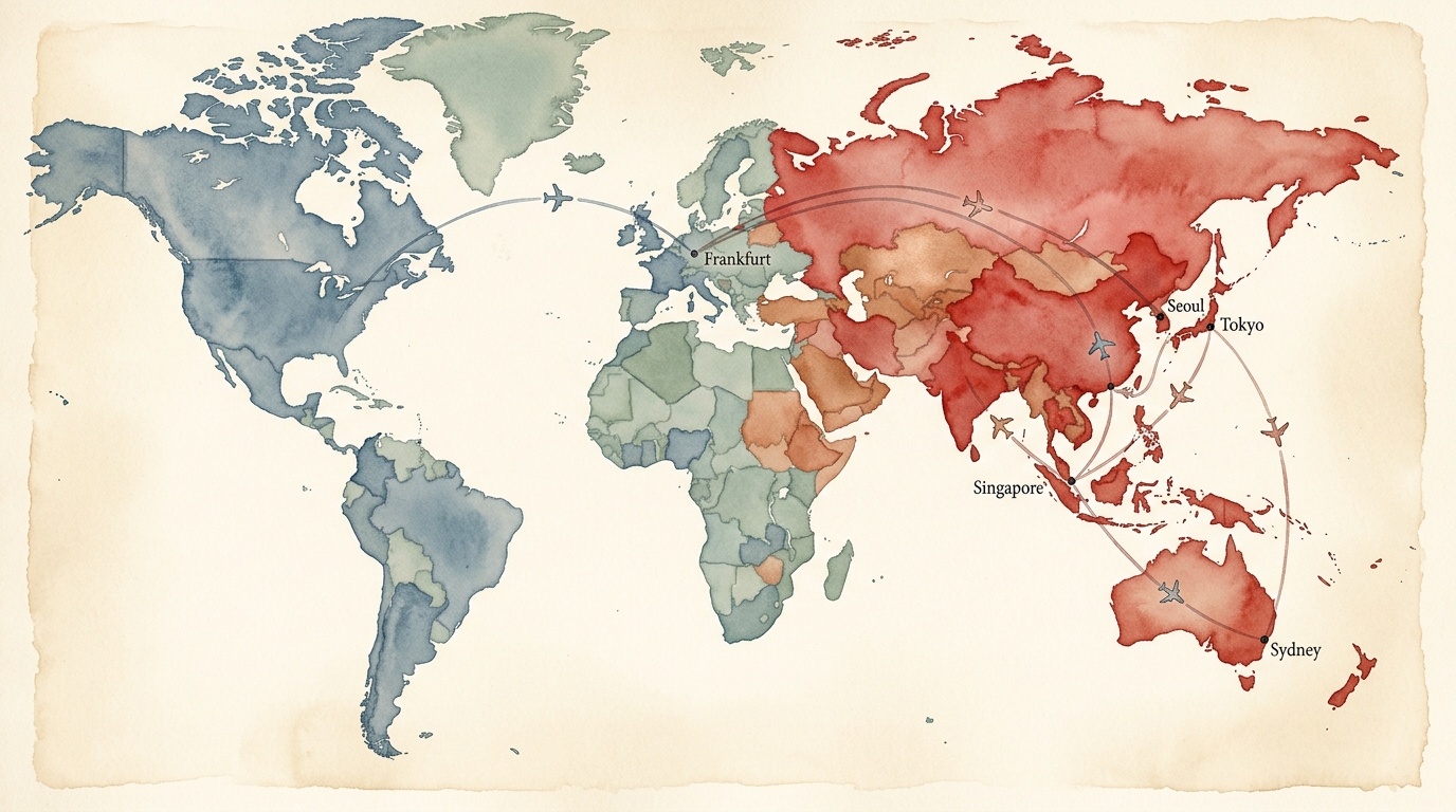 Aquarell-Illustration einer Weltkarte auf gealtertem cremefarbenen Papier, wobei die Regionen Asien-Pazifik, Europa und Australien in sanften Farben hervorgehoben sind