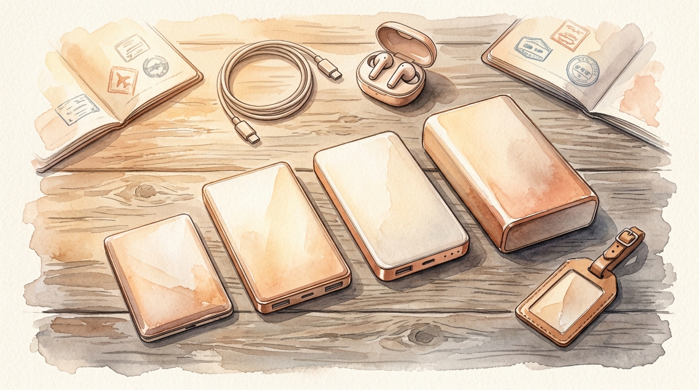 Aquarell-Illustration einer Draufsicht mit vier Powerbanks unterschiedlicher Größe, angeordnet auf einem verwitterten Holzschreibtisch