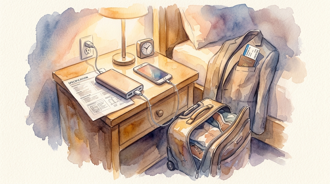 Aquarell-Illustration einer Nachttisch-Szene am Abend vor einem Flug