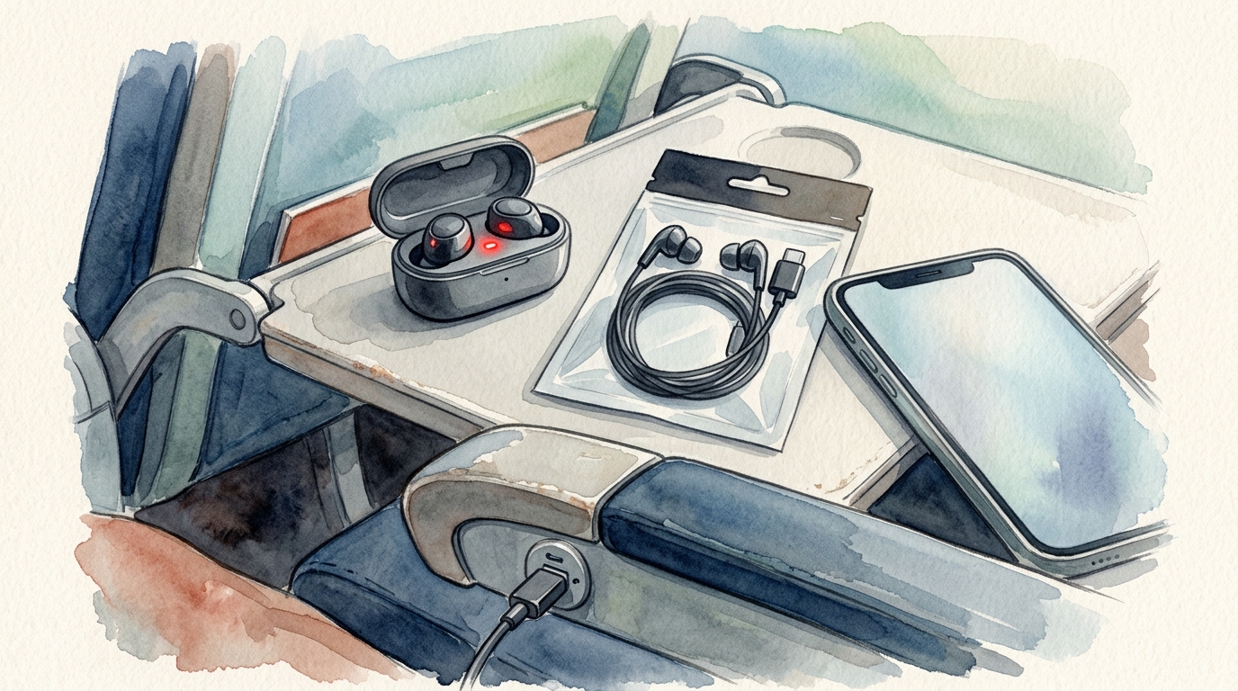 Aquarell-Illustration eines Klapptischs im Flugzeug mit einem Paar kabelloser Kopfhörer in geöffnetem Ladecase, das eine rote Akku-Warnanzeige zeigt