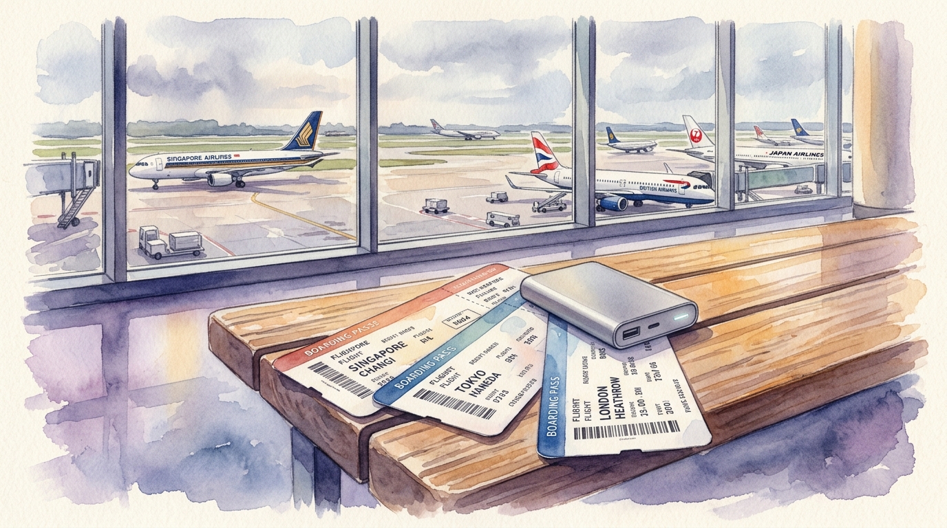 Aquarell-Illustration von drei aufgefächerten Bordkarten auf einer Sitzbank im Flughafenterminal, jede mit einem anderen Reiseziel – eine mit asiatischen, eine mit europäischen und eine mit australischen Motiven