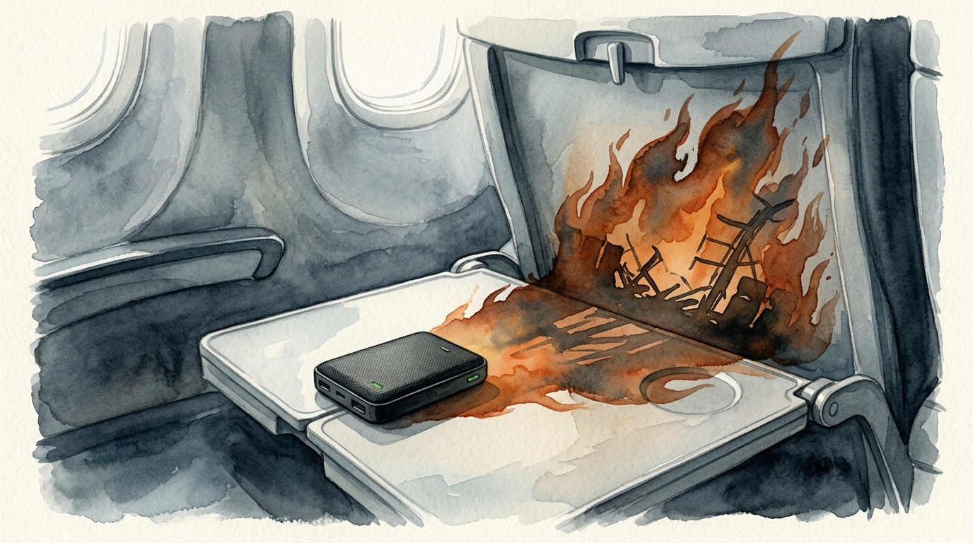 Watercolor illustration of a single small power bank sitting on an airplane tray table, casting an enormously oversized dark shadow behind it in th, representing best power banks for flights 2026