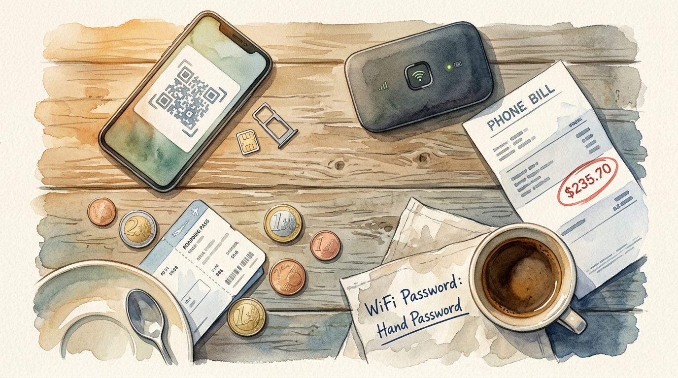 Watercolor illustration of watercolor overhead flat-lay showing five distinct connectivity objects arranged in a loose circle on a weathered wooden