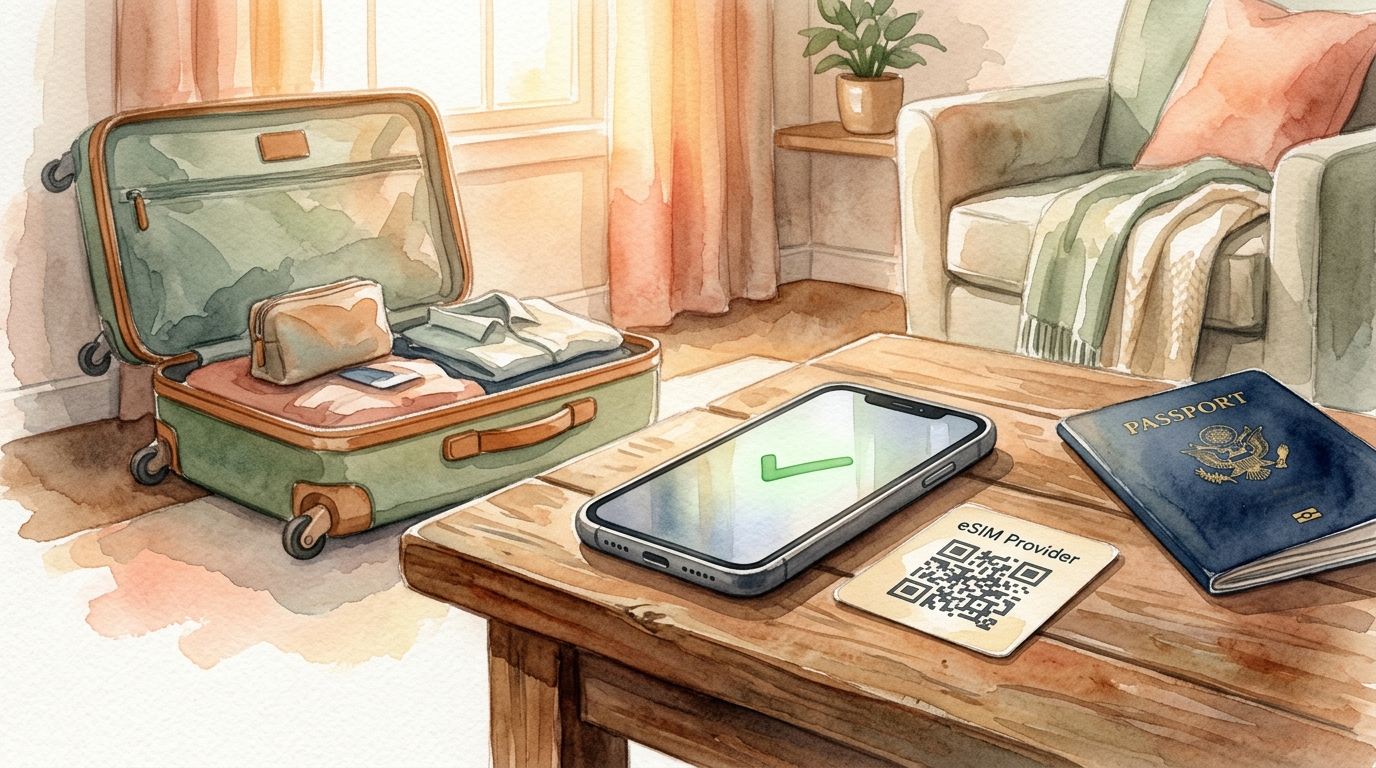 Watercolor illustration of a smartphone lying face-up on a living room side table, its screen glowing with a soft green checkmark