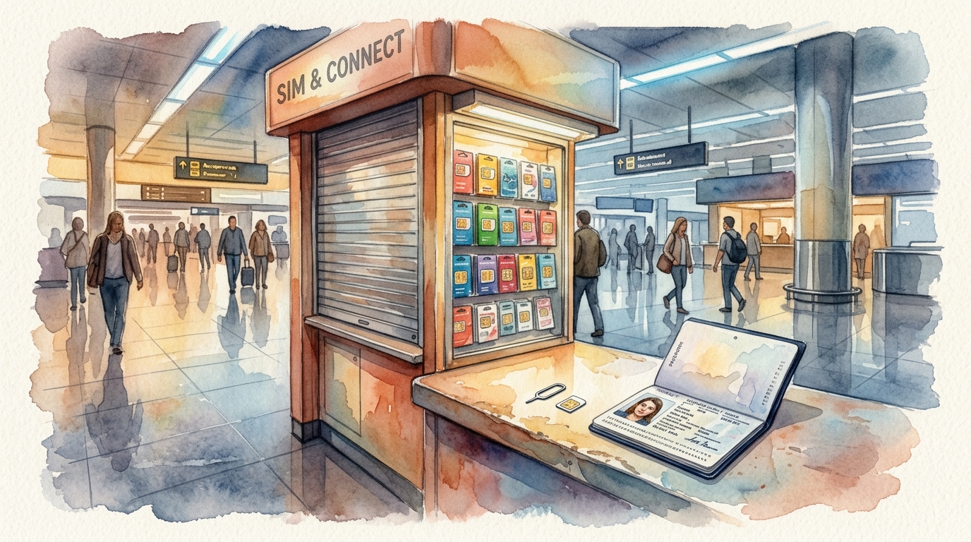 Watercolor illustration of an airport arrivals hall corner showing a small mobile carrier kiosk with colorful SIM card packages displayed behind gl