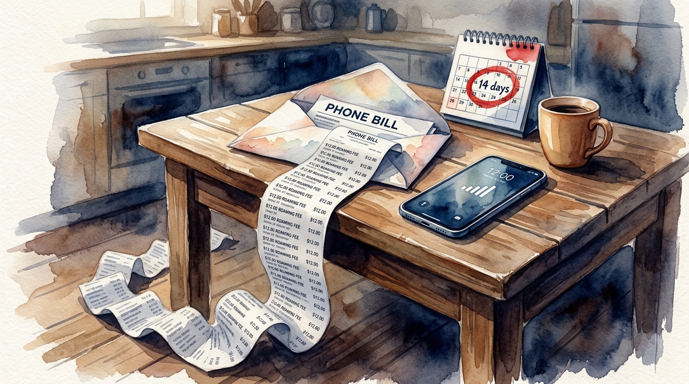 Watercolor illustration of a dramatic still life on a kitchen table: an opened phone bill envelope with a shockingly long itemized receipt unfoldin