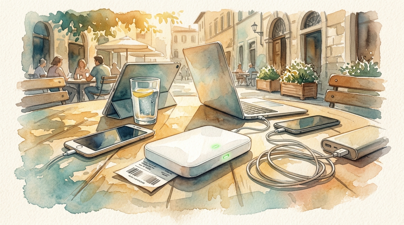 Watercolor illustration of a small white pocket WiFi hotspot device sitting on a sun-dappled outdoor cafe table in a European piazza, its LED indic