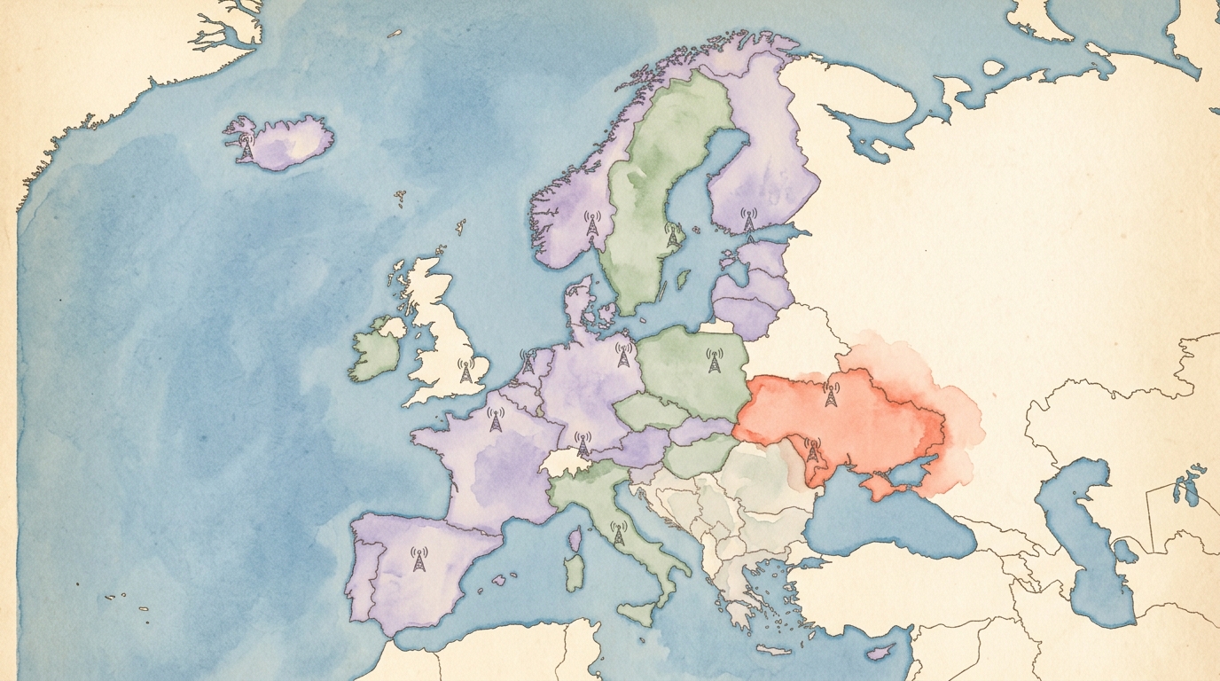 Watercolor illustration of watercolor illustrated map of Europe on aged cream paper, with the 32 EU roaming zone countries filled in soft lavender 