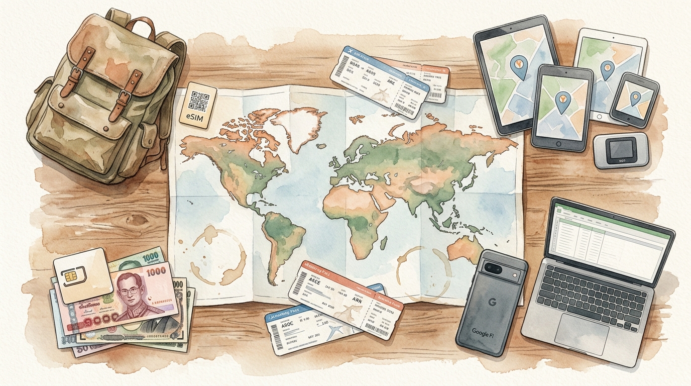 Watercolor illustration of watercolor overhead flat-lay showing a travel planning spread on a worn wooden desk: a world map partially unfolded, wit