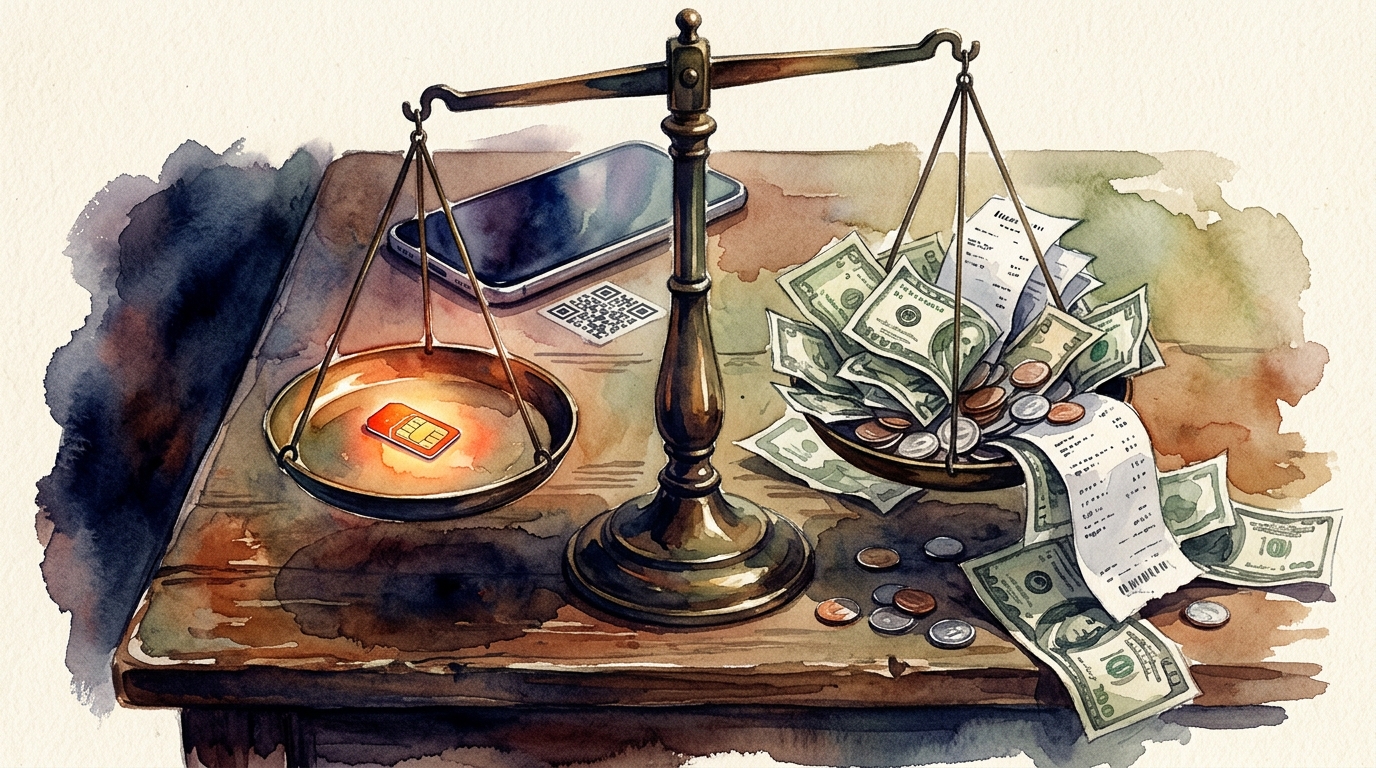 Watercolor illustration of a dramatic scale contrast scene: a single tiny glowing SIM chip sitting on one side of a vintage brass weighing scale, p, representing esim vs sim card travel
