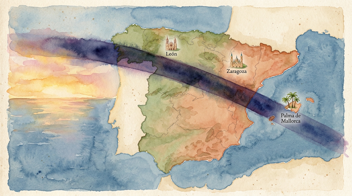 Aquarellillustration einer Karte der Iberischen Halbinsel auf gealtertem Papier, mit einem dramatischen dunklen Schattenband über dem Land