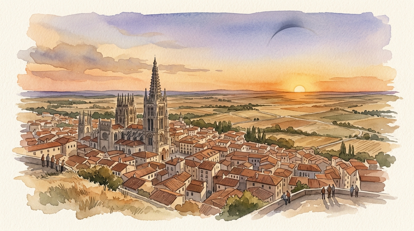 Aquarellillustration einer spanischen Meseta-Stadt zur goldenen Stunde, aus erhöhter Perspektive