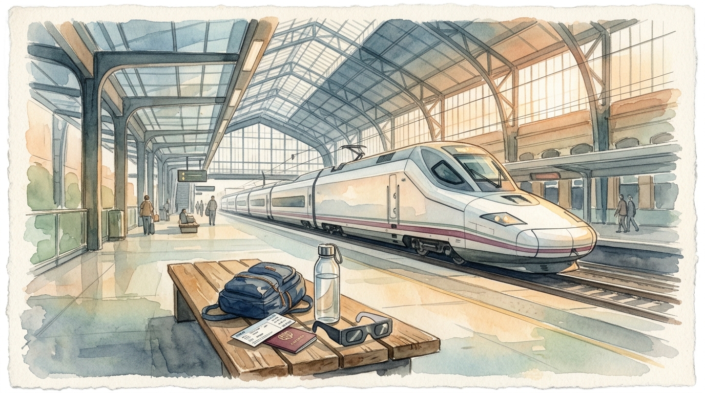 Aquarellillustration eines modernen spanischen Hochgeschwindigkeitszugs am Bahnsteig Madrid Atocha
