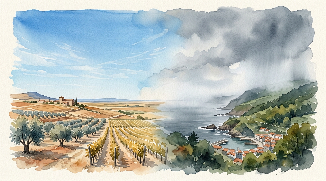 Aquarellillustration einer dramatischen spanischen Landschaft mit geteiltem Himmel