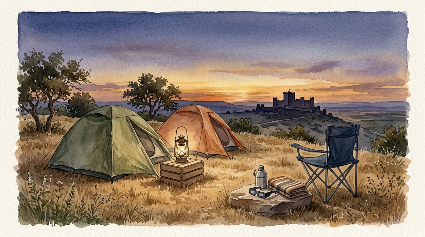 Aquarellillustration eines spanischen Campingplatzes auf einer Hügelkuppe in der Dämmerung, mit weitem Blick nach Westen