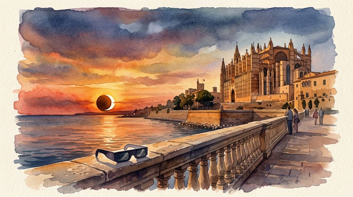 Aquarellillustration der Strandpromenade von Palma de Mallorca im Moment kurz vor einer Sonnenuntergangs-Finsternis