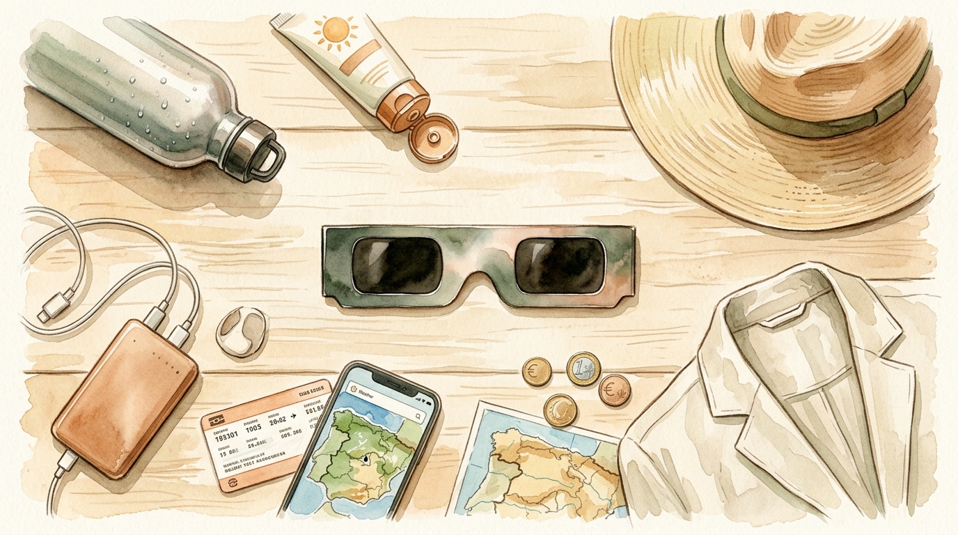 Aquarellillustration einer Draufsicht auf wichtige Utensilien für den Finsternistag auf einem sonnenbeschienenen Holztisch