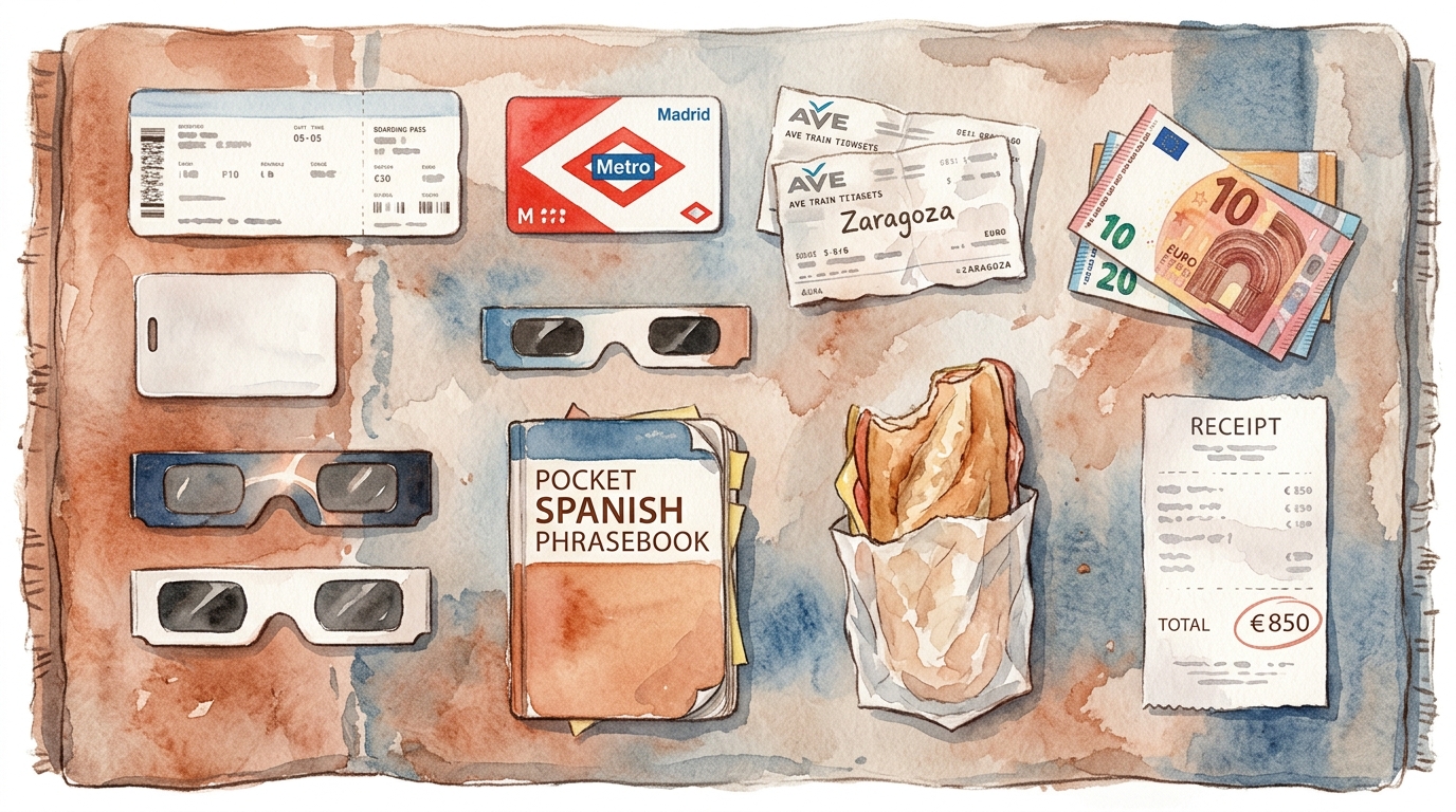 Aquarellillustration der vollständigen Ausrüstung eines Budget-Reisenden für den Spanien-Finsternis-Trip auf einer abgenutzten Hostel-Decke