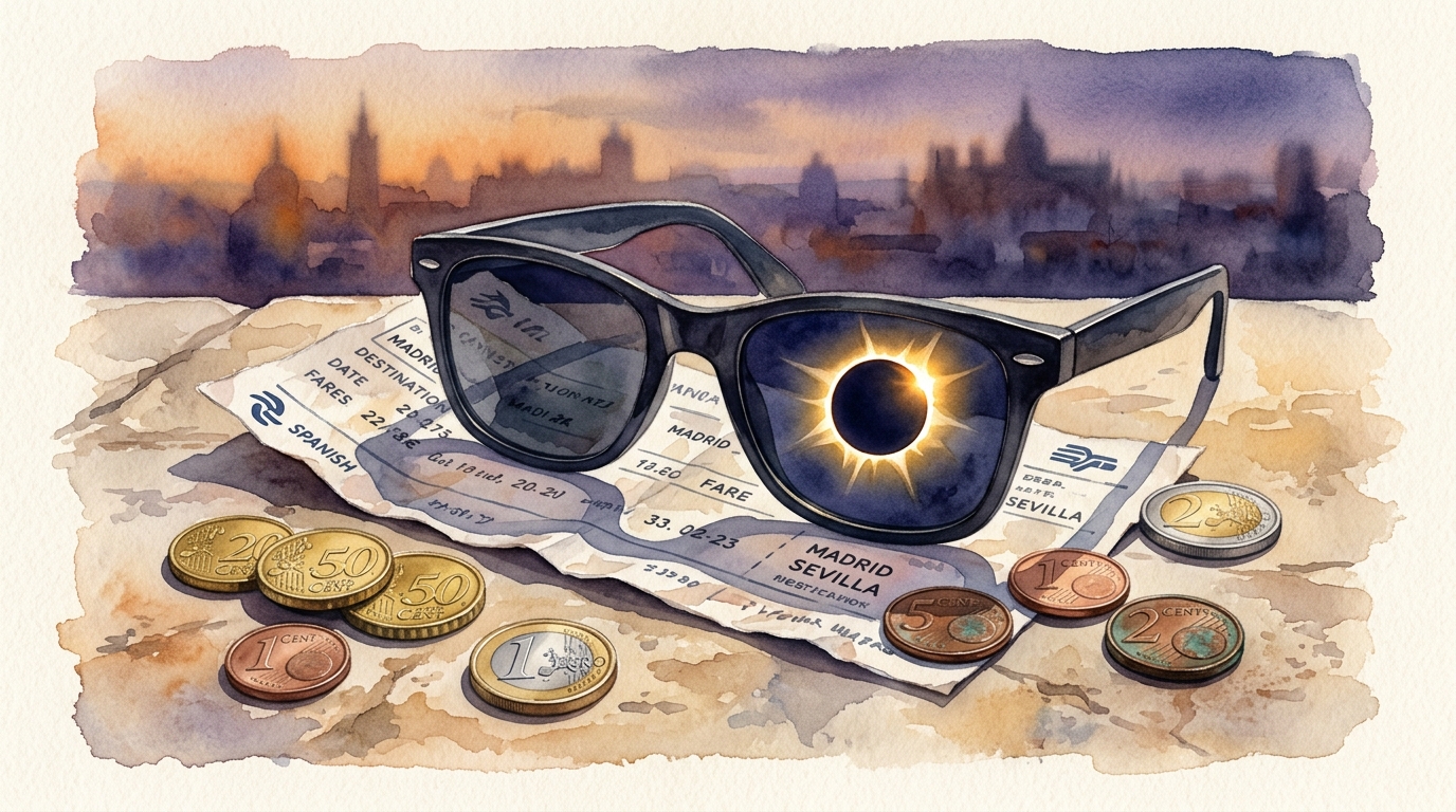 Watercolor illustration of a symbolic still life: a pair of dark eclipse viewing glasses resting on a crumpled Spanish train ticket, surrounded by , representing solar eclipse spain 2026 budget travel guide