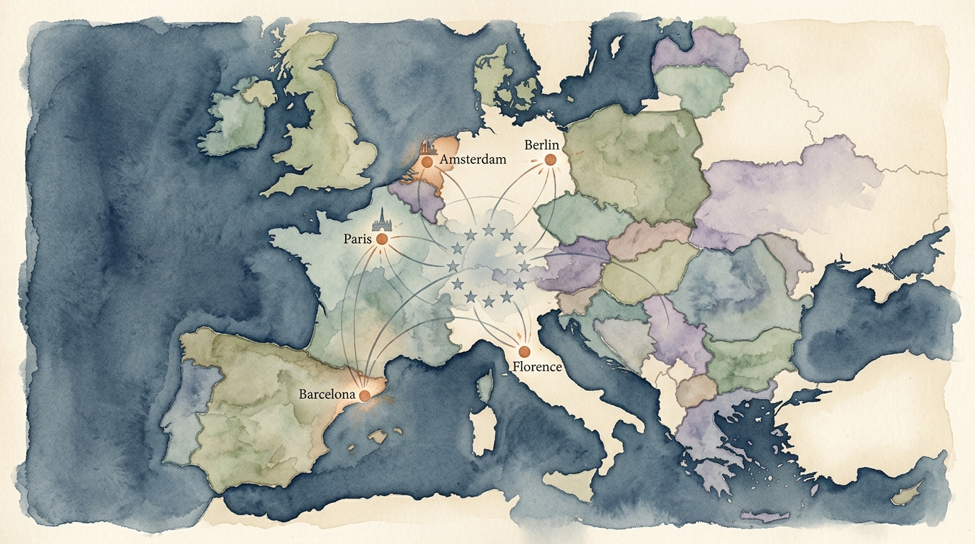 Watercolor illustration of watercolor illustrated map of Europe on aged cream paper, with country borders softly defined by muted washes