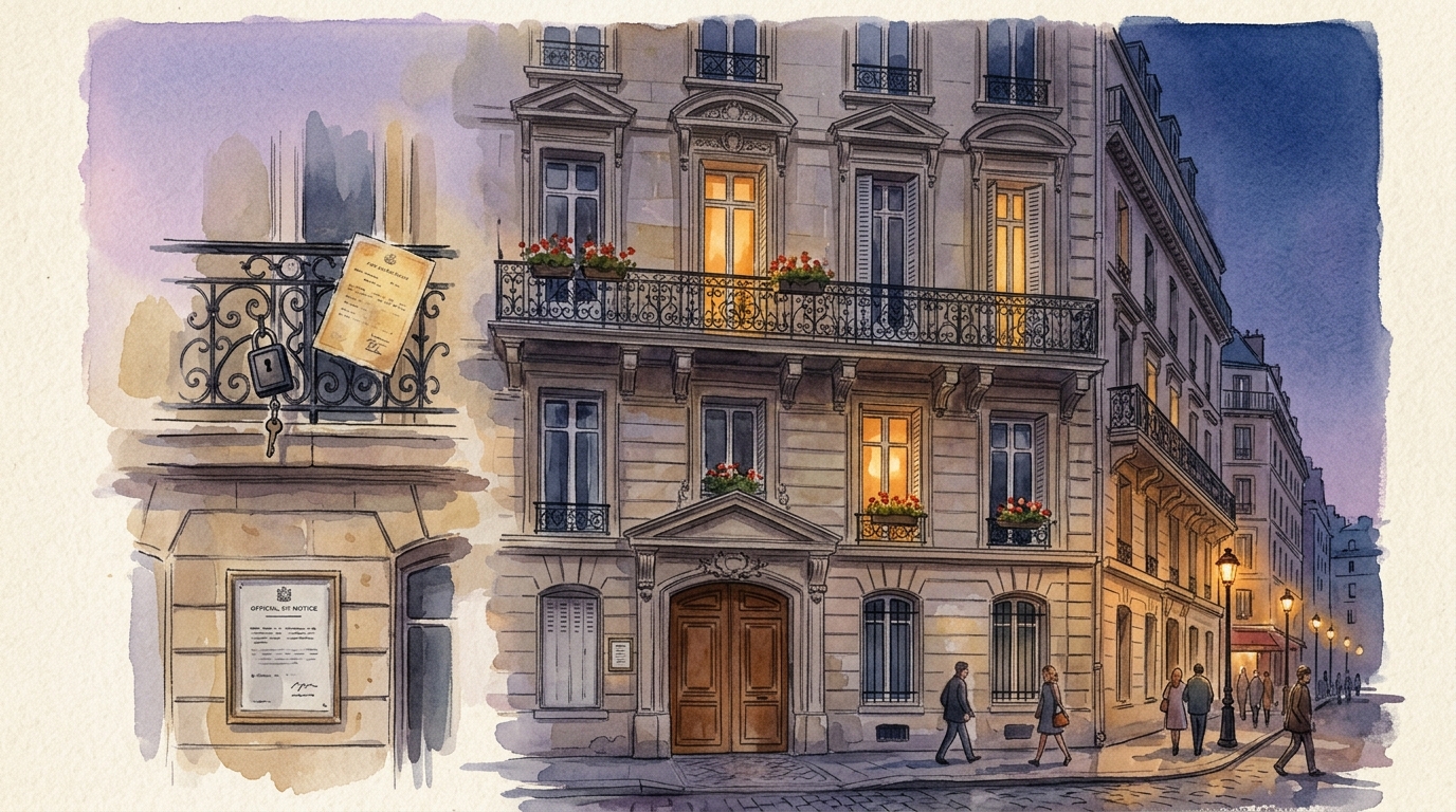 Watercolor illustration of a classic Parisian Haussmann apartment facade at dusk, wrought-iron balconies with geraniums, tall shuttered windows