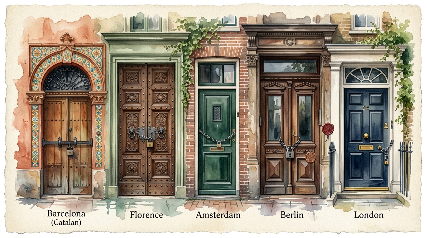 Watercolor illustration of a row of five distinctive European front doors side by side, each representing a different city's architectural style: a
