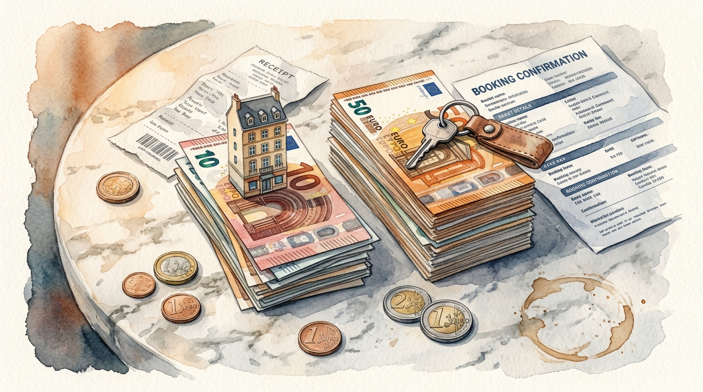 Watercolor illustration of watercolor overhead flat-lay showing a worn marble cafe table with two stacks of euro banknotes side by side