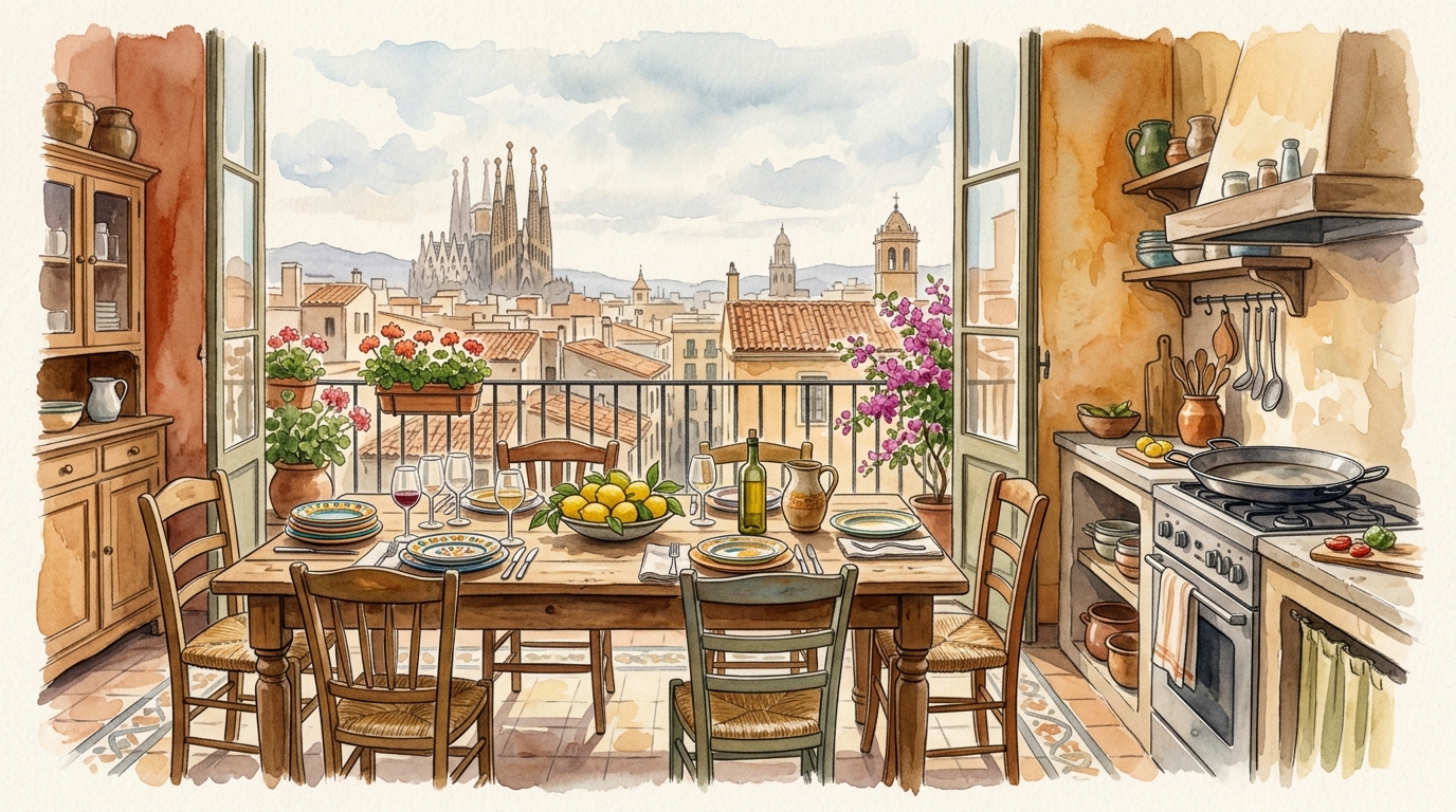 Watercolor illustration of a spacious Mediterranean apartment kitchen and dining area, clearly set up for a group: a long wooden table with six mis