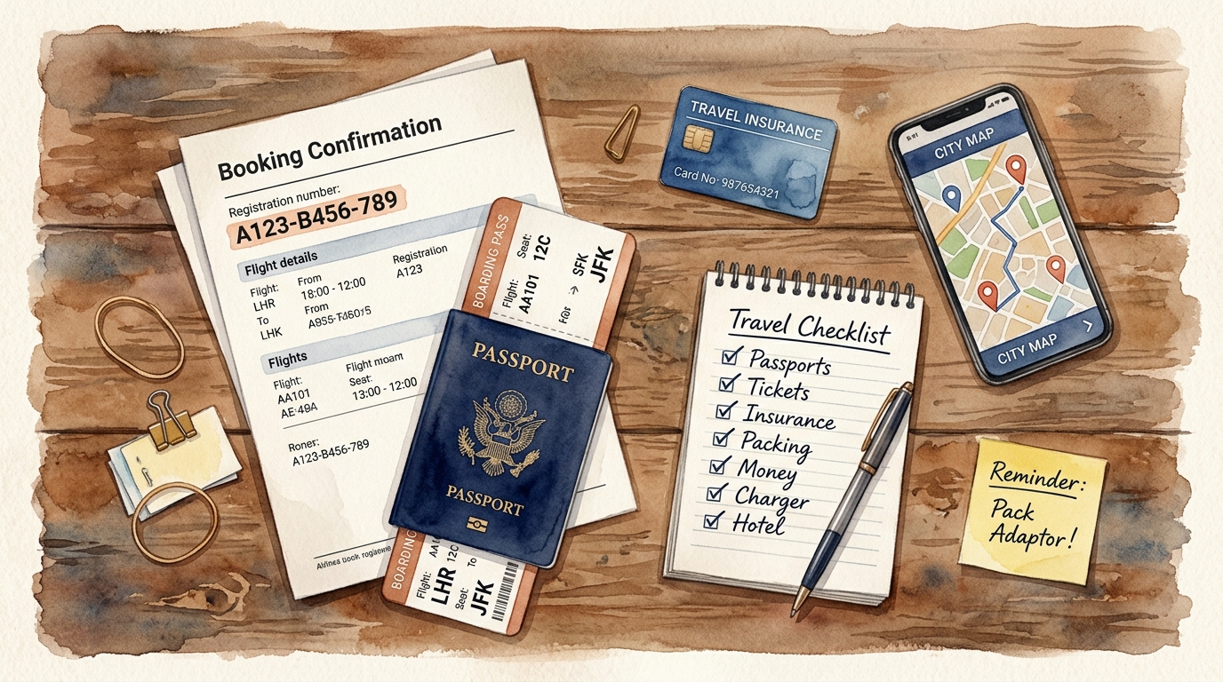 Watercolor illustration of travel preparation documents spread across a wooden desk
