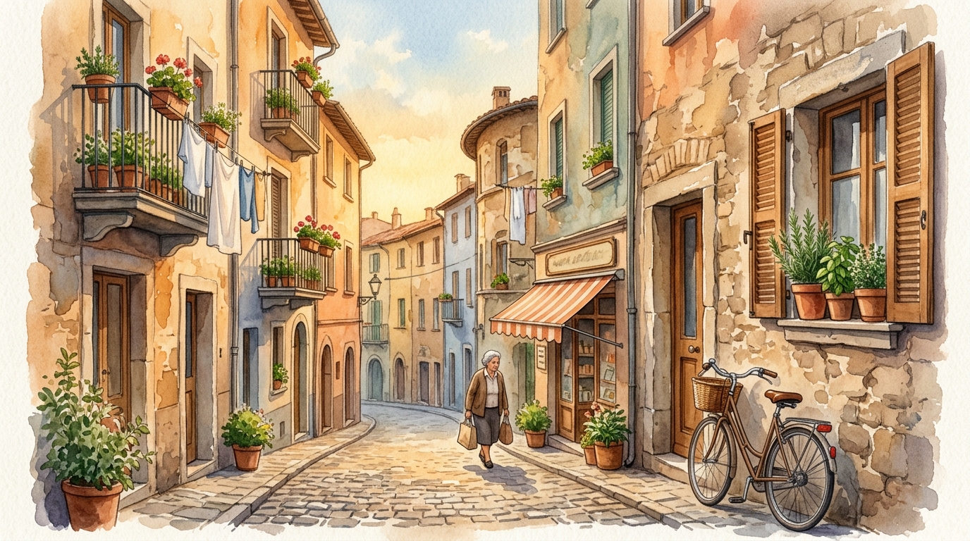 Watercolor illustration of a quiet residential European street at golden hour, laundry strung between balconies of old stone buildings, a bicycle l