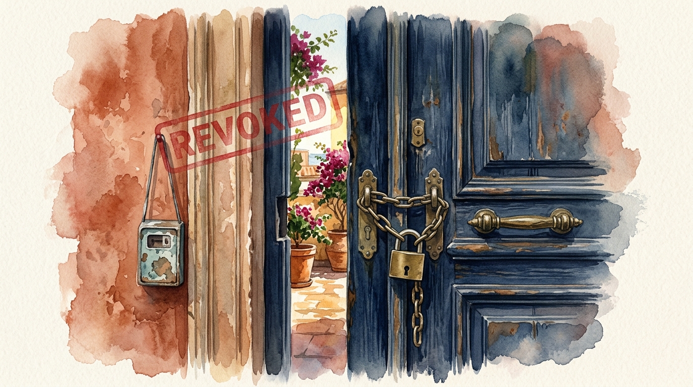 Watercolor illustration of a large ornate European apartment door with a heavy brass padlock and chain across its handles, a faded vacation rental , representing europe airbnb regulation 2026