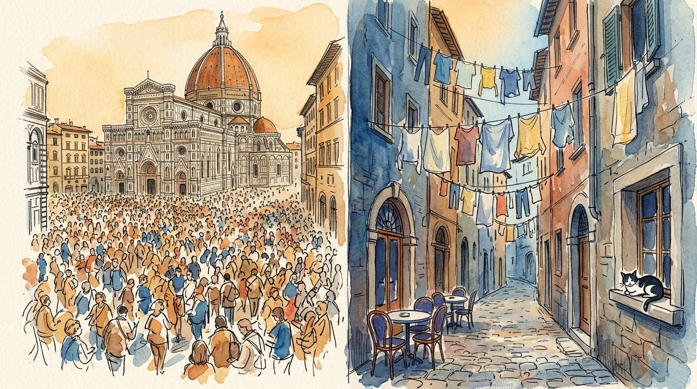 Aquarellillustration: links eine überfüllte europäische Piazza, rechts eine ruhige Seitengasse mit Café