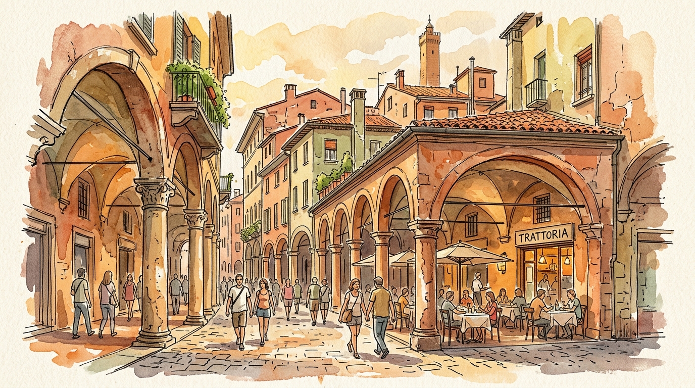 Aquarellillustration der Laubengänge von Bologna mit Arkaden und einer Trattoria