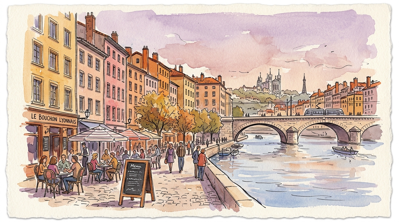 Aquarellillustration des Flussufers in Lyon mit bunten Gebäuden und einem Bouchon-Restaurant