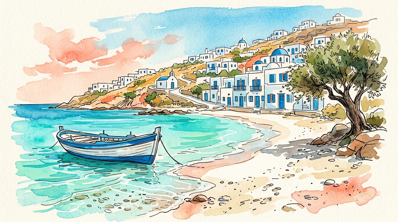 Aquarellillustration eines griechischen Inselstrandes mit türkisem Wasser, Fischerboot und weißen Gebäuden