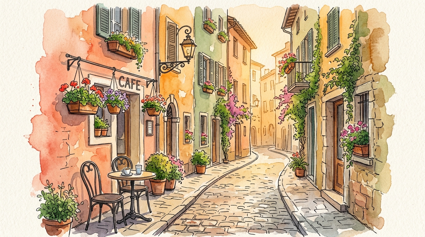 Watercolor illustration of a quiet European cobblestone alley with colorful facades, empty cafe, and morning light — Europe without crowds