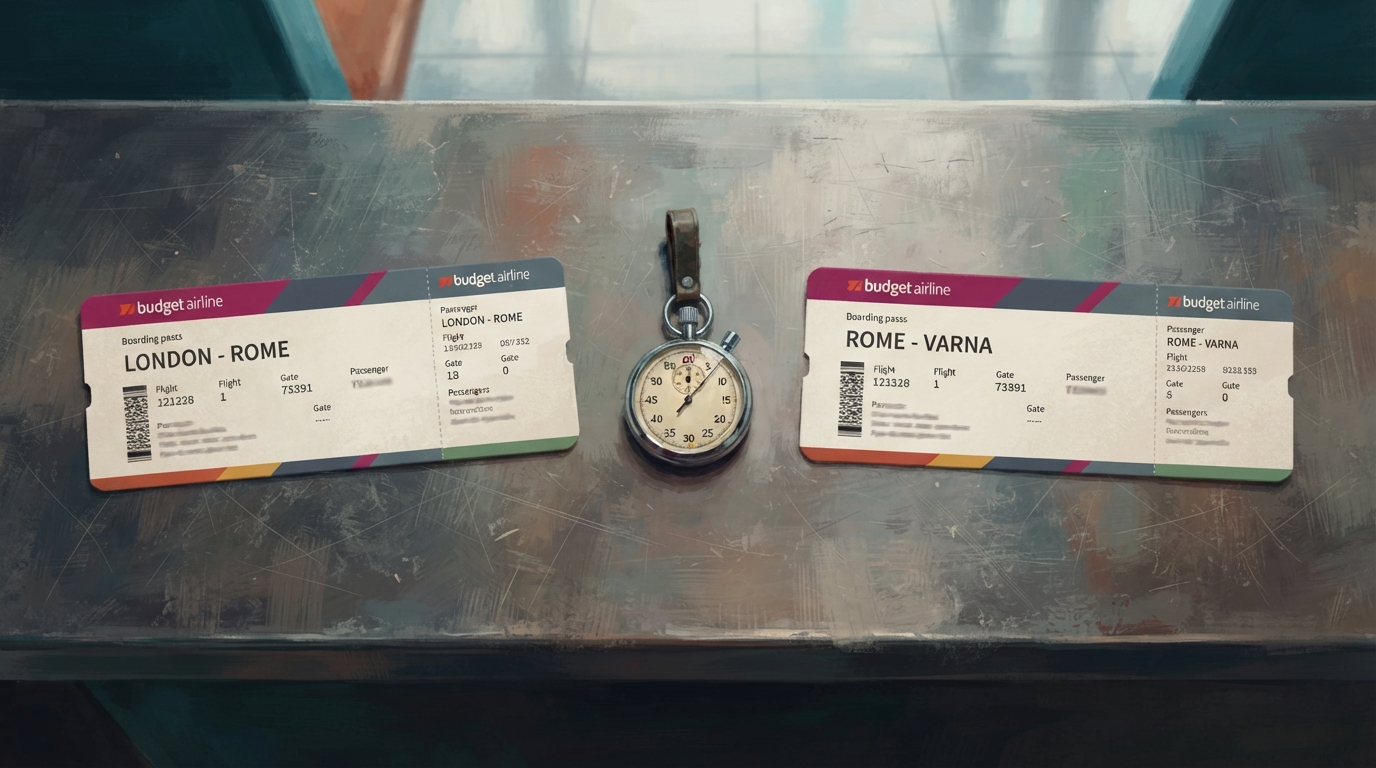 Editorial illustration of Overhead flat-lay of two boarding passes from the same magenta-striped budget airline, one marked LONDON-ROME and the ot