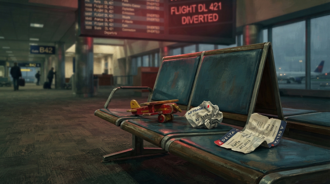 Editorial illustration of A weathered airport bench at a dim terminal gate, empty except for a small child's toy airplane and two crumpled boardin
