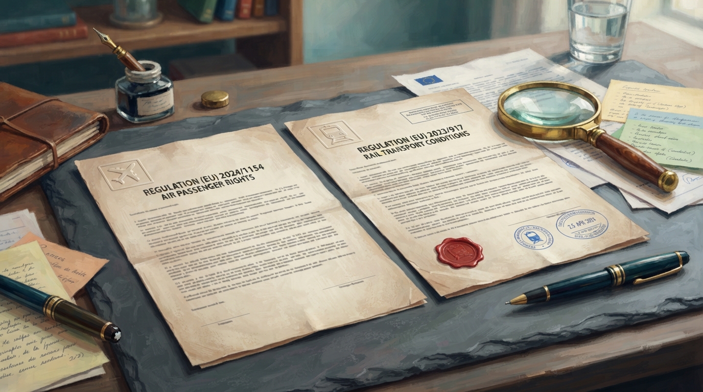 Editorial illustration of Two official-looking European regulation documents lie side by side on a slate desk, one embossed with a small painted a