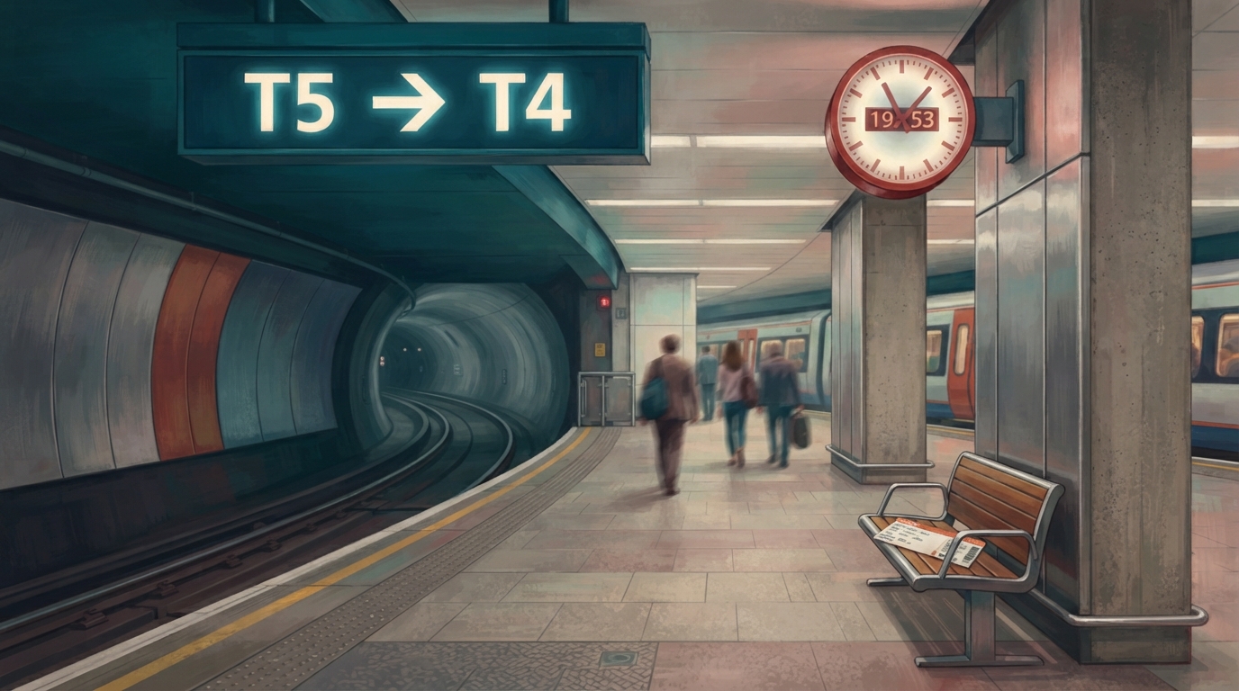 Editorial illustration of An underground airport transit platform at Heathrow, overhead signage reading T5 with a directional arrow toward T4, twi