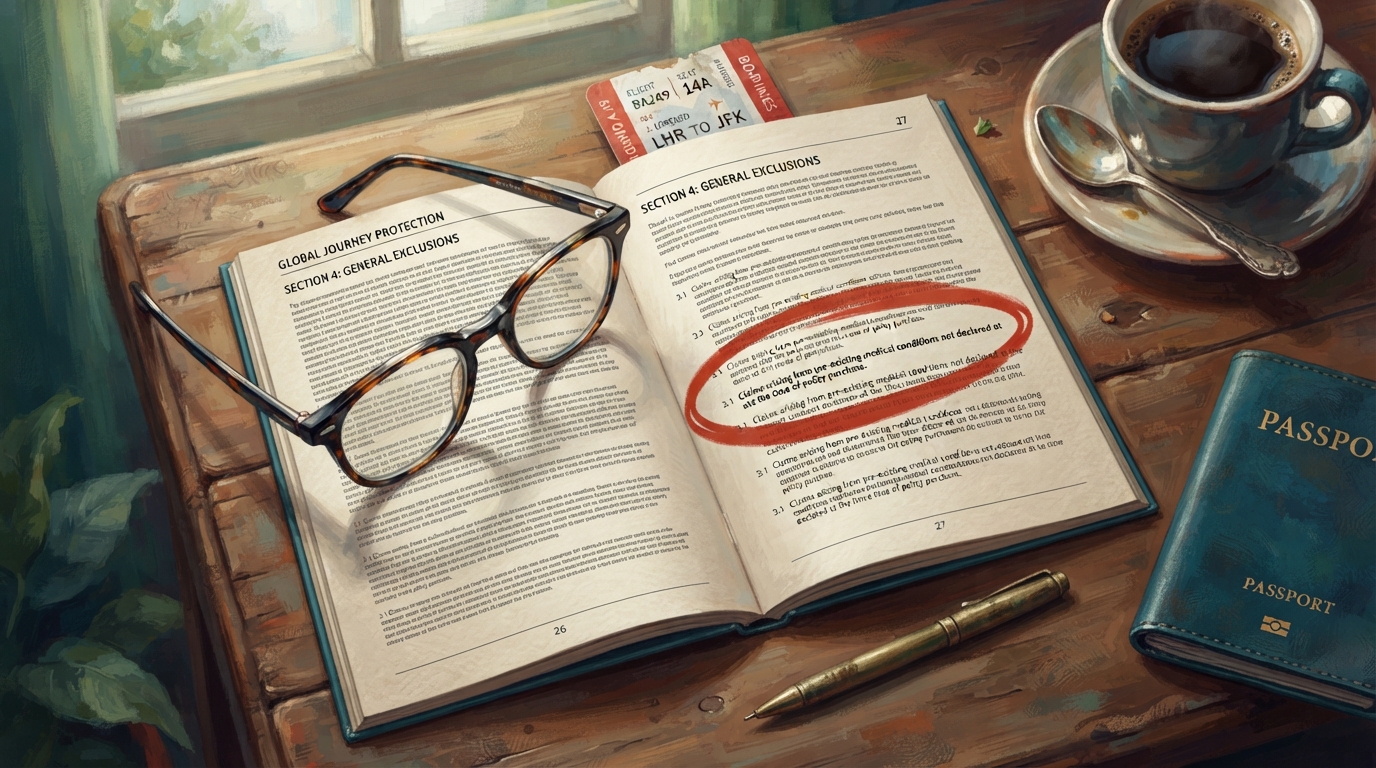 Editorial illustration of Overhead flat-lay of a travel insurance policy booklet open to a fine-print exclusions page, with one clause marked by a