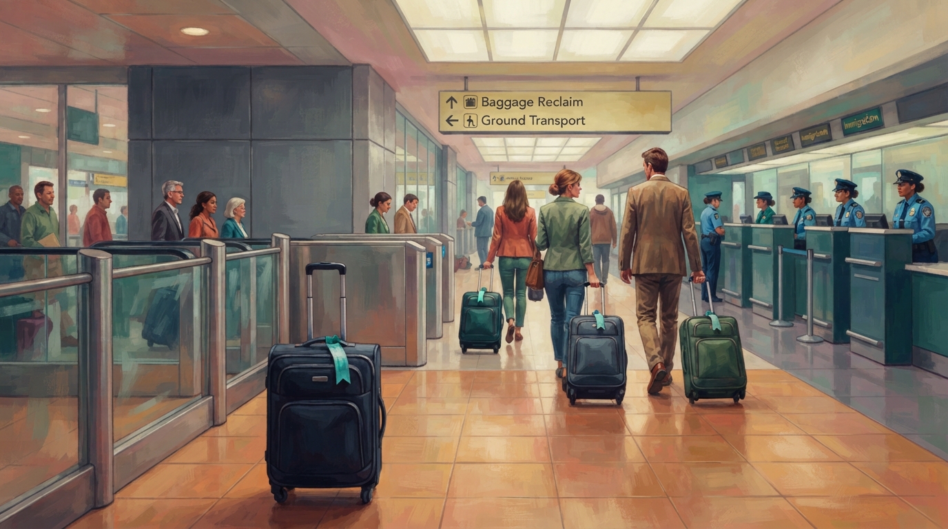 Editorial illustration of Four matching suitcases with a shared teal luggage-tag ribbon sit at an airport immigration hall, three already through 