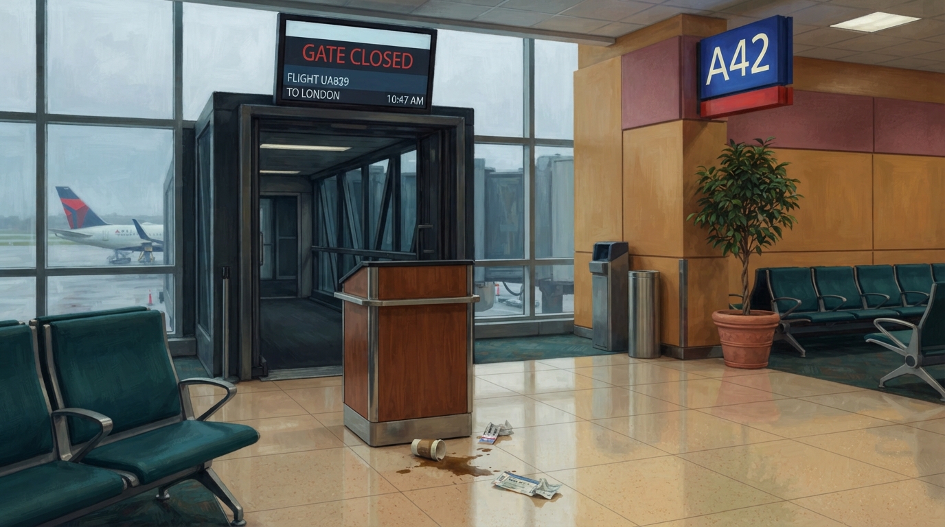 Editorial illustration of An airport gate agent's podium stands empty beside a closed jet bridge door, its indicator light switched to red