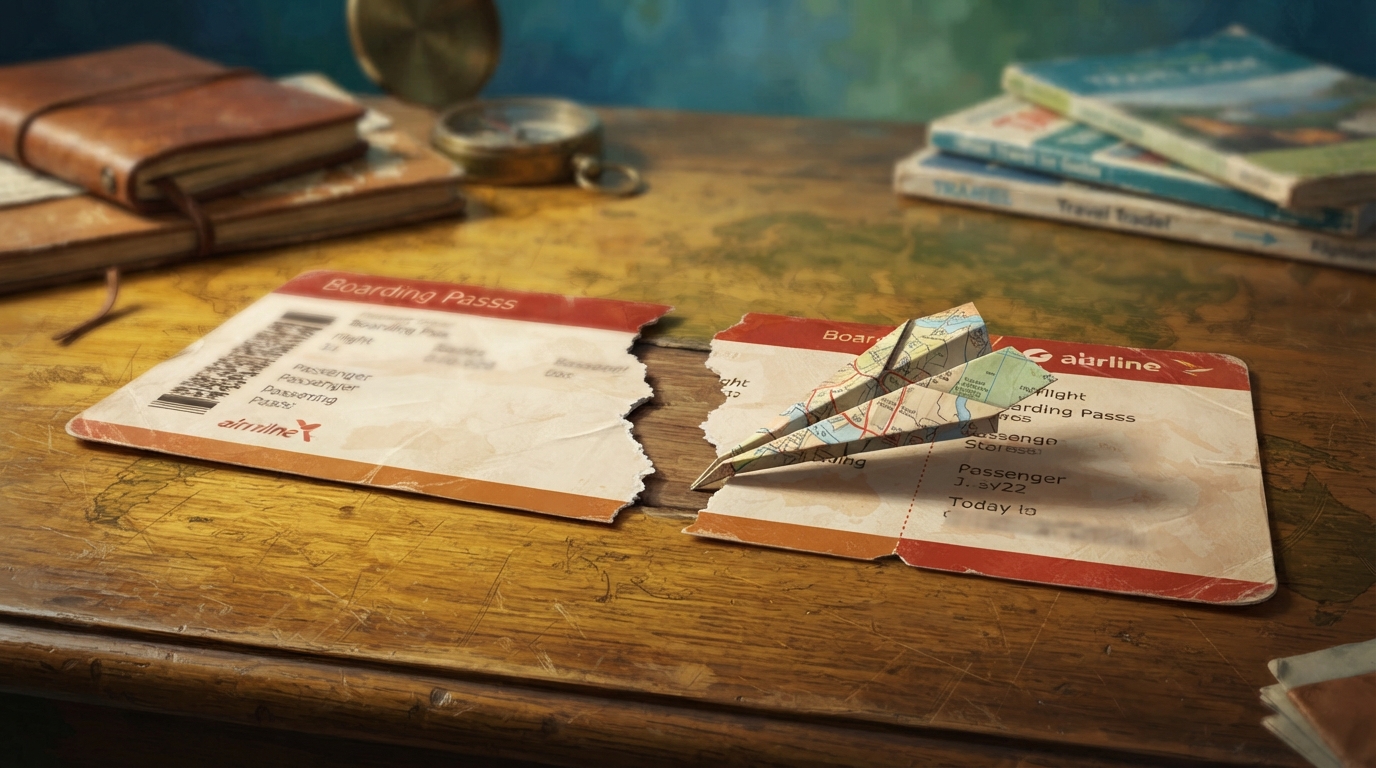 Editorial illustration of Two paper boarding passes lie edge to edge on a weathered oak map table, aligned to look like one unbroken itinerary str, representing self transfer flight missed connection liability