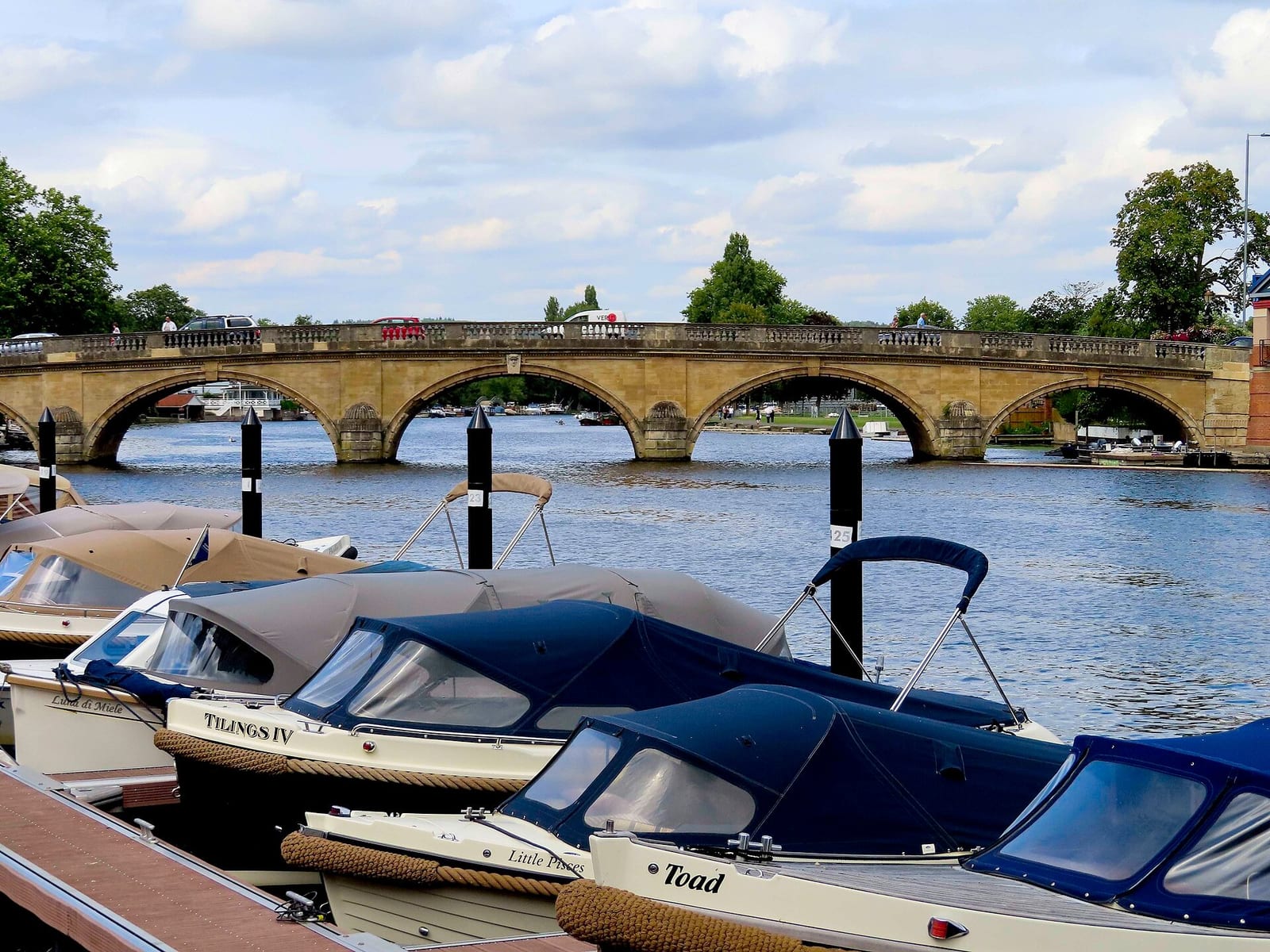 Cabin cruisers moored on the Thames beneath Henley's stone-arched bridge