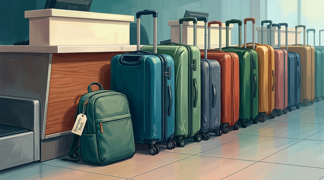 Watercolor illustration of A scale-contrast still life on a clean airline check-in counter, a single small flat backpack measuring barely 40x30x15 